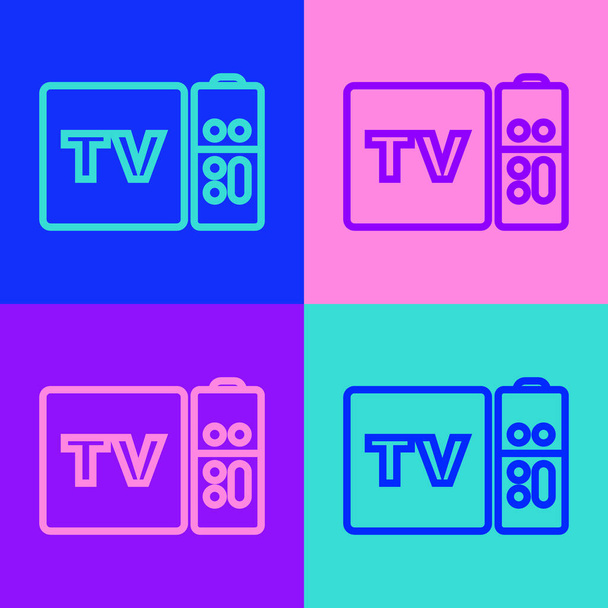 Pop art lijn Multimedia en TV box ontvanger en speler met afstandsbediening pictogram geïsoleerd op kleur achtergrond. Vector - Vector, afbeelding