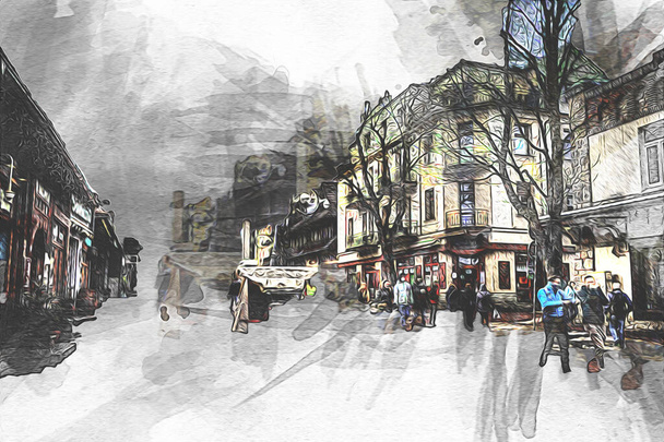 Houten architectuur van Zakopane bij dag, Polen, illustratie tekening tekening - Foto, afbeelding