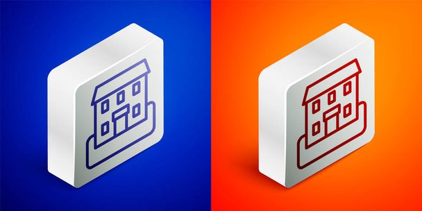 Isometric line School building icon isolated on blue and orange background. Silver square button. Vector - Vector, Image