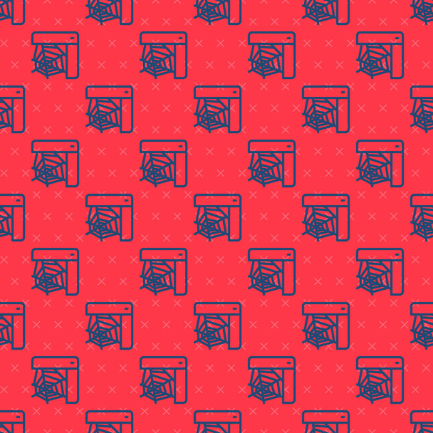 Μπλε γραμμή Spider web εικονίδιο απομονωμένη αδιάλειπτη μοτίβο σε κόκκινο φόντο. Πινακίδα. Καλό αποκριάτικο πάρτι. Διάνυσμα - Διάνυσμα, εικόνα