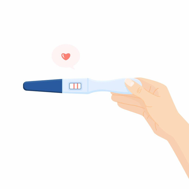 Terhesség vagy ovuláció pozitív teszt a női kéz felső nézet izolált fehér alapon. Női reprodukciós tervezés, a terhesség koncepciójának megtervezése. Vektor illusztráció banner, honlap, nyomtatás - Vektor, kép