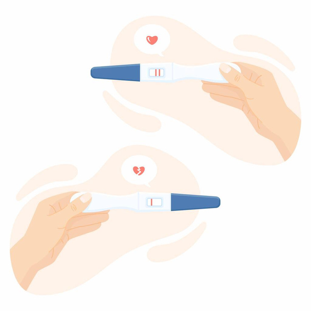 Vemhesség vagy ovuláció pozitív és negatív teszt női kéz felső nézet izolált elvont alapon. Női reprodukciós tervezés, a terhesség koncepciójának megtervezése. Vektor illusztráció banner, honlap, nyomtatás - Vektor, kép