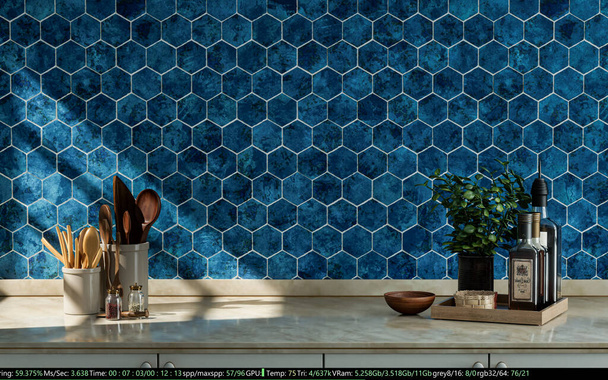 Caliente escena de la cocina de la mañana, encimera de mármol varios utensilios de cocina en ella con sol, azul nido de abeja cerámica azulejo pared 3d renderizado - Foto, imagen