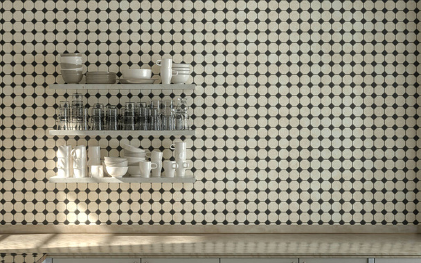 Теплое утро кухня сцена, стена висит кухня полка с солнечным светом, керамические небольшие алмазные плитки стены 3D рендеринга - Фото, изображение