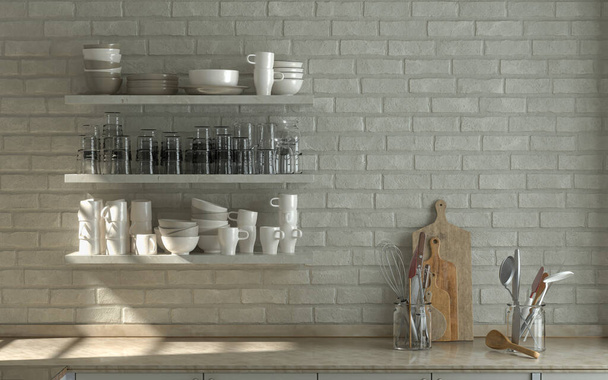 Lämmin aamu keittiö kohtaus auringonpaisteessa, seinä ripustettu keittiö hylly eri keittiötarvikkeita se kermanvärinen tiili seinään 3d renderöinti - Valokuva, kuva