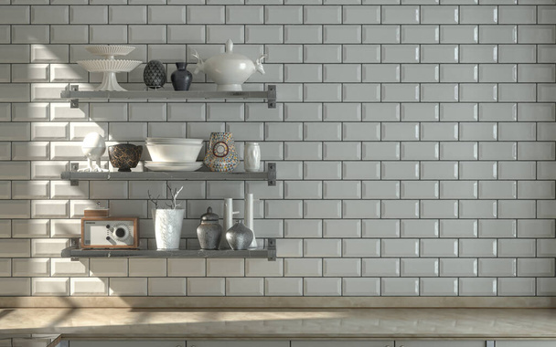 Frontansicht Küche mit Marmor-Arbeitsplatte in der warmen Morgensonne, weiße Keramik abwechselnd Fliesen Wand und Wand hing Küchenregal verschiedene Geschirr darauf, 3D-Rendering - Foto, Bild