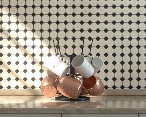 Front view kitchen with marble kitchen countertop coffee mugs and copper hammered cups on it under warm morning sunshine, ceramic small diamond tiles wall, 3d Rendering - Photo, Image