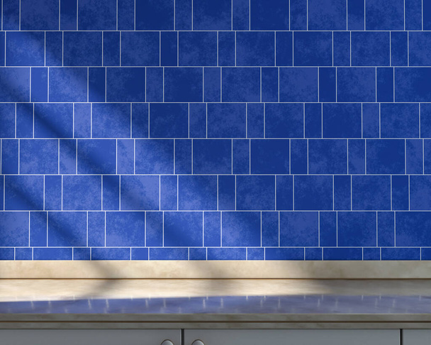 Кухня спереду з мармуровою кухонною стільницею та деякими посудом на ній під теплим ранковим сонячним промінням, блакитна керамічна плитка, 3d рендеринг
 - Фото, зображення