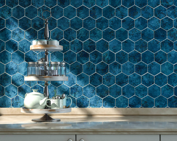 Cozinha com vista frontal com bancada de cozinha de mármore e alguns pratos sobre ele sob sol quente da manhã, parede de cerâmica azul favo de mel telha, 3d Rendering - Foto, Imagem