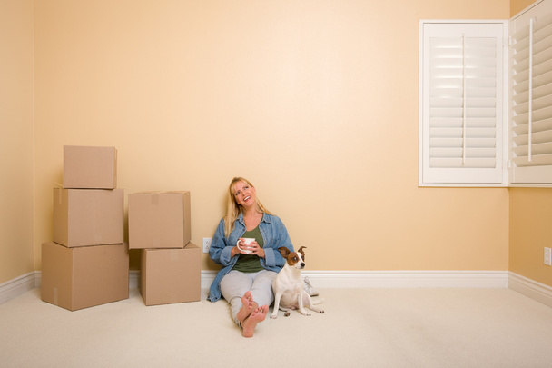 Bella donna seduta sul pavimento con tazza accanto a scatole mobili e cane in camera vuota
. - Foto, immagini