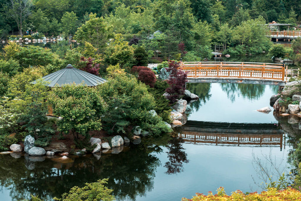 Beautiful landscape of the japanese garden in summer from the top of the overlook hill in Grand Rapids Michigan - Foto, Bild