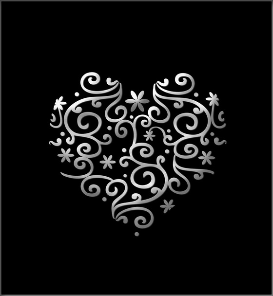 Ezüst filigrán virágos szív, elszigetelt fekete - Fotó, kép