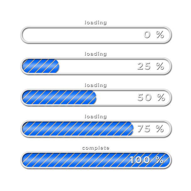 Loading process overview - blue loading bars with different progress arranged in block shape on white background - 3D Illustration - Foto, Imagem
