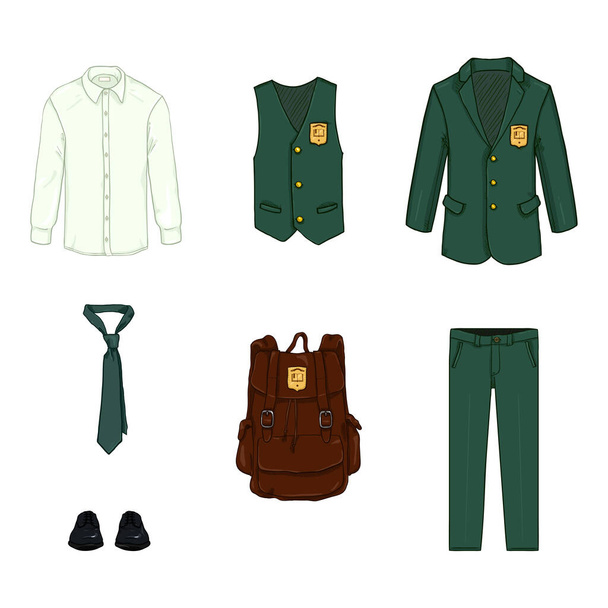 Векторный мультипликационный набор школьной формы и принадлежностей. Зеленый костюм, черная обувь и коричневый рюкзак. - Вектор,изображение