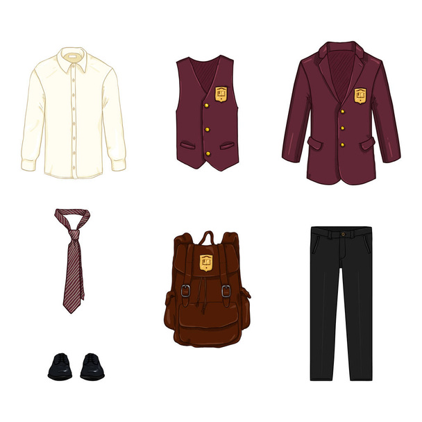 Vector Cartoon Set of School Uniform Clothing and Accessories. Red Clothes, Black Trousers and Shoes and Brown Backpack. - Vector, Image