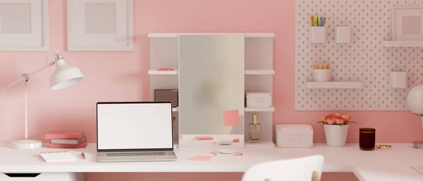 Pink feminine dressing table interior design with laptop, supplies and decorations, 3D rendering, 3D illustration - Foto, Imagem