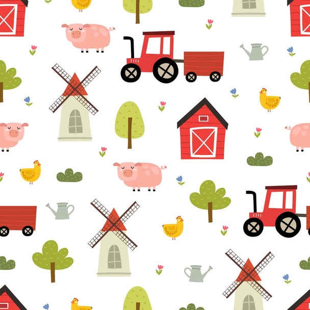 Seamless pattern with cartoon pig, chicken, tractor, mill, tree, decor elements. Farm. Flat colorful vector for kids. hand drawing. animals. baby design for fabric, textile, wrapper, print. - Vektor, Bild