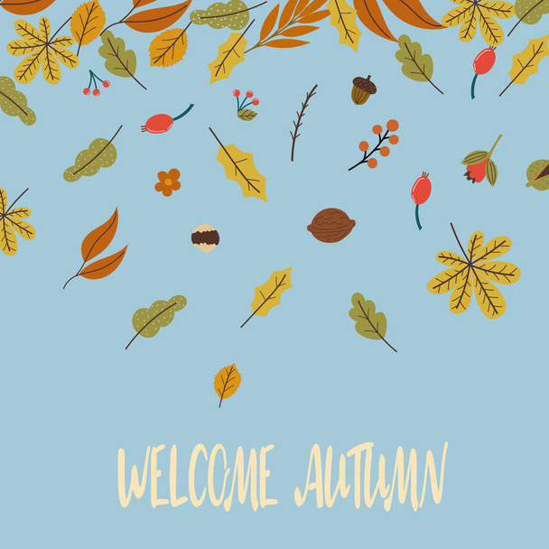 autumn greeting postcard with falling leave vector - Вектор,изображение