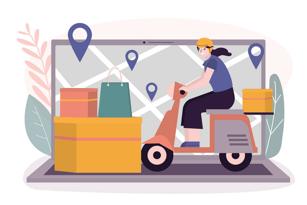 Delivery woman shipping parcels to clients. Female courier delivering orders on motorcycle. Laptop with map and destination points on screen. Fast delivery service, online shopping.Vector illustration - Vecteur, image