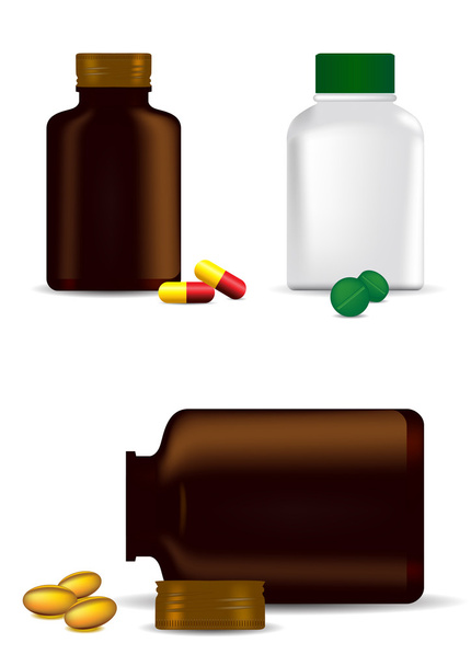 Medicine bottles, capsules and pills - Vector, Image