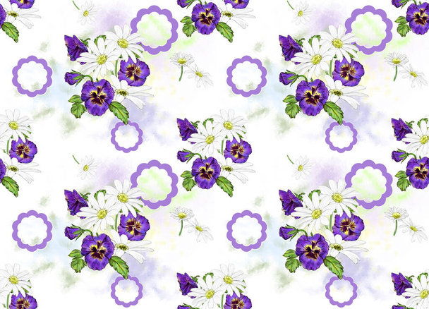 Creative composition with the image of bouquets and flowers. Decorative seamless background with a summer theme. Material for printing on paper or fabric. - Valokuva, kuva