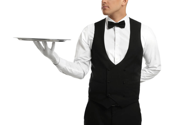 Elegant butler holding silver tray isolated on white, closeup - Zdjęcie, obraz