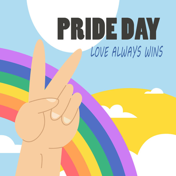 Logo del mes de orgullo con bandera de arco iris. Símbolo del orgullo con corazón, LGBT, minorías sexuales, gays y lesbianas. El amor es amor. Ilustración vectorial - Vector, imagen