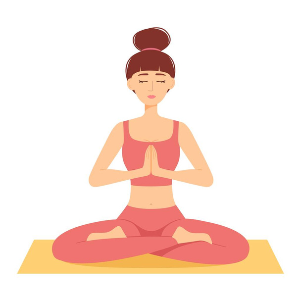 Mulher meditante. Menina em posição de lótus praticando ioga, ilustração vetorial - Vetor, Imagem