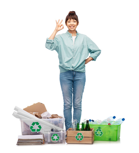 happy woman sorting paper, metal and plastic waste - Fotoğraf, Görsel