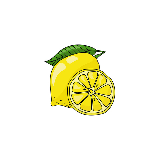 Juicy fényes citrom egészben és felében, sárga citrusfélék zöld levél és fekete körvonal rajzfilm stílusú vektor illusztráció - Vektor, kép