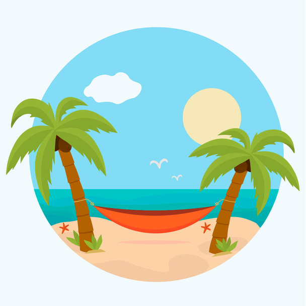 Logo ou icône - hamac avec palmiers sur la plage. Fond tropical avec la mer - forme ronde. Conception plate vectorielle. - Vecteur, image
