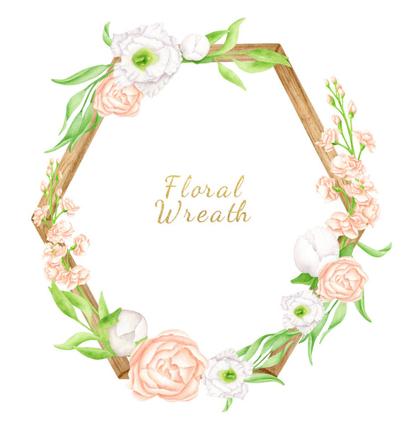 Watercolor floral wreath with wood frame. Hand drawn geometric frame with greenery and flowers isolated on white. Wooden hexagon, botanical arrangement with pastel flower buds for wedding invitations - Photo, Image
