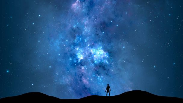 Vesmírné pozadí. Silueta muže a horské země s modrou hvězdnou noční oblohou, mlhovina. Úspěch, cestování, dobrodružství 3D ilustrace - Fotografie, Obrázek