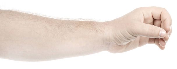 Мужские белые руки изолированы на белом фоне, показывая жест держит что-то или принимает, дает. мужчины руки показывая различные жесты - Фото, изображение