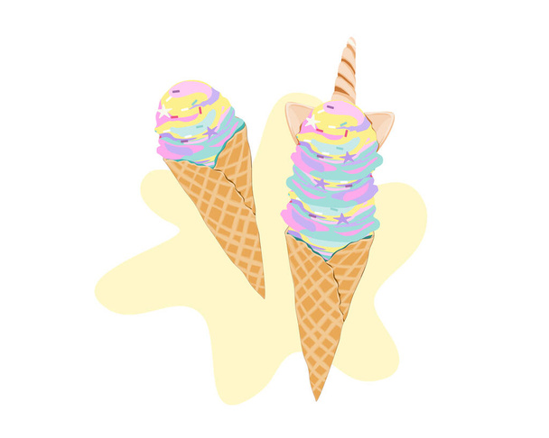 Παγωτό με ουράνιο τόξο. Μεμονωμένο πολύχρωμο παγωτό χωνάκι σε λευκό φόντο. Εικονογράφηση φορέα τροφίμων και σνακ. Τρόφιμα anime.   - Διάνυσμα, εικόνα
