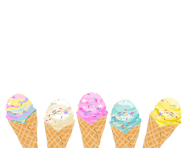味の違うアイスクリームコーン。虹、イチゴ、バニラ、ミント、ミルクアイスクリーム。白い背景にカラフルなアイスクリームコーンを隔離しました。フード&スナックベクトルイラスト。アニメ料理.   - ベクター画像