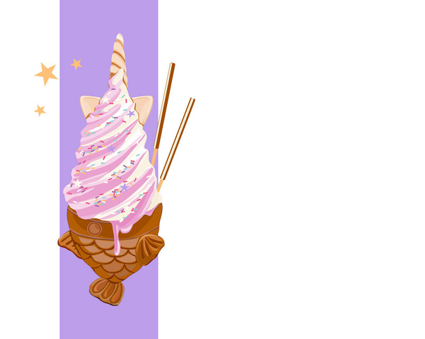  Cone de sorvete wafer de peixe com decoração de morango e baunilha com estilo unicórnio e paus de chocolate. Gelado coreano. Ilustração de comida de anime. Gelado de pastel autêntico e lanche. - Vetor, Imagem