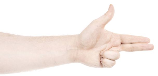 Mannelijke blanke handen geïsoleerde witte achtergrond tonen gebaar wijst vinger naar iets of iemand. mannenhanden met verschillende gebaren. wijsvinger - Foto, afbeelding