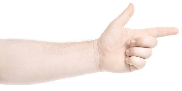 Mężczyzna kaukaskie ręce odizolowane białe tło pokazujące gest wskazuje palcem na coś lub kogoś. męskie dłonie pokazują różne gesty. palec wskazujący - Zdjęcie, obraz