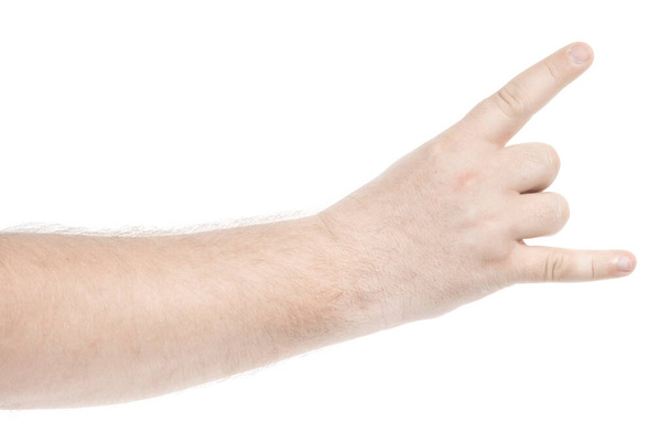 Manos caucásicas masculinas aisladas fondo blanco mostrando varios gestos de dedos. hombre manos mostrando diferentes gestos - Foto, Imagen