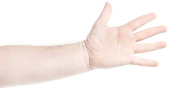 Mężczyzna kaukaskie ręce odizolowane białe tło pokazujące różne gesty palca. ręce człowieka wykazujące różne gesty - Zdjęcie, obraz
