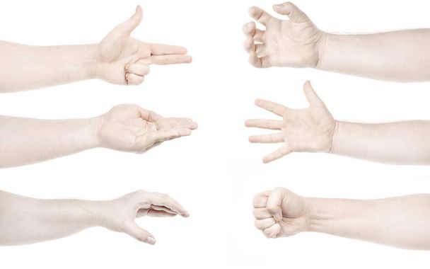 Multiple images set male caucasian hands isolated white background showing different gestures. Collage of hands of a man - Photo, Image