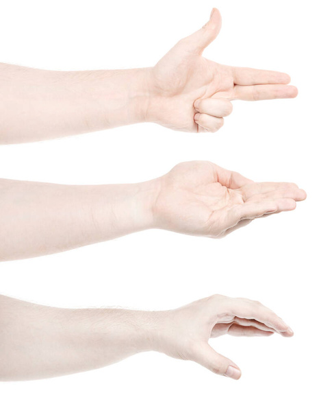 Múltiples imágenes establecen manos caucásicas masculinas aisladas fondo blanco mostrando diferentes gestos. Collage de manos de un hombre - Foto, Imagen