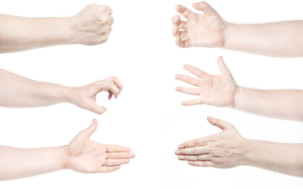 Multiple images set male caucasian hands isolated white background showing different gestures. Collage of hands of a man - Photo, Image