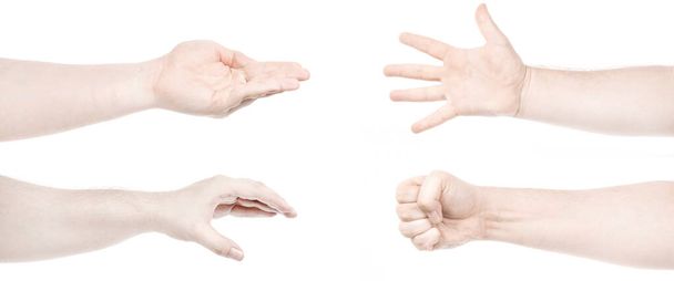Mehrere Bilder stellen männliche kaukasische Hände auf einen isolierten weißen Hintergrund, der unterschiedliche Gesten zeigt. Collage von Händen eines Mannes - Foto, Bild
