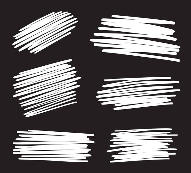 Handgezeichnete weiße schraffierte Formen auf schwarz. Abstraktes Schraffieren. Skizzenhafte Wirrwarr-Elemente. Freihändig kribbelt es. Schwarz-Weiß-Illustration - Vektor, Bild