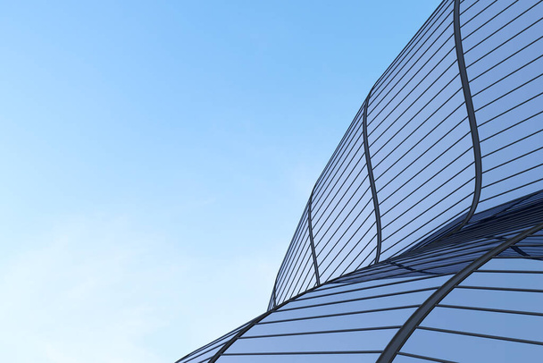 Niedriger Blickwinkel auf futuristische Architektur, Wolkenkratzer eines Bürogebäudes mit geschwungenem Glasfenster, 3D-Rendering. - Foto, Bild
