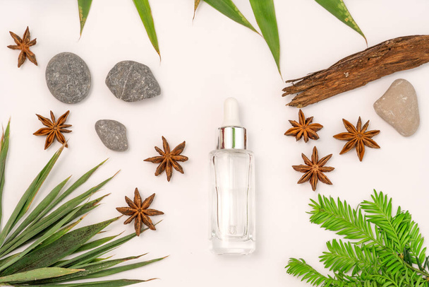 cosmetic flat lay: face serum and natural elements. Pieces of wood, stones, cinnamon sticks, green branches. - Foto, Imagen