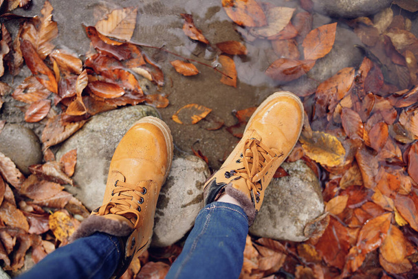 pés femininos em pedras caídas outono folhas vista superior - Foto, Imagem