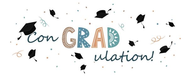 Herzlichen Glückwunsch zum Abschlussbanner, Absolventenmütze mit Abschlussaufdruck im skandinavischen Stil. Grußkarte für Abschlussfeier - Vektor, Bild